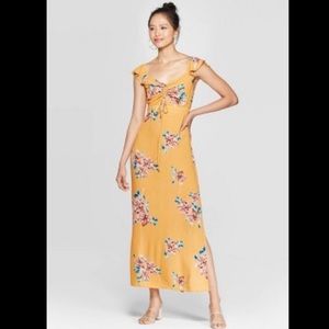 Yellow Floral Ruched Front V-Neck Flutter Maxi Dress Size Medium